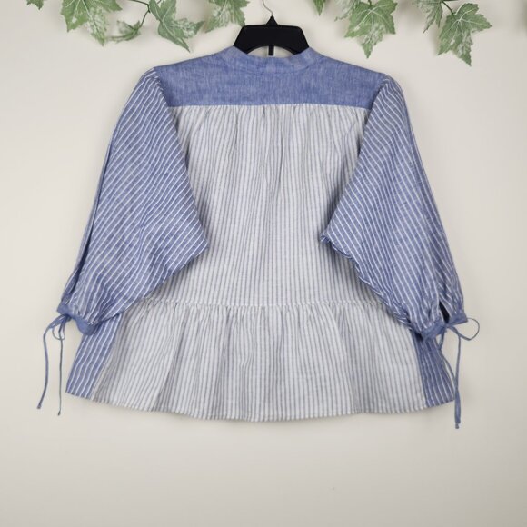 JW Anderson Uniqlo Sz L Linen Blend Boho Blue White Striped Tie Neck Top Blouse - Picture 5 of 7